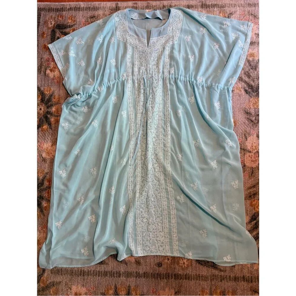 Sam Hilu Sheer Sequin Kaftan Dress Turquoise